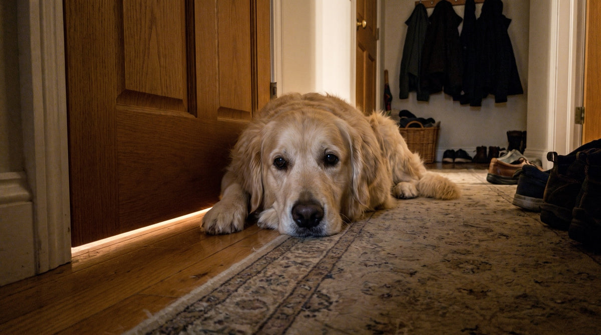 A closed bedroom door seen from the hallway at night, a golden retriever lying against it with her chin on her paws, waiting to be let in.
