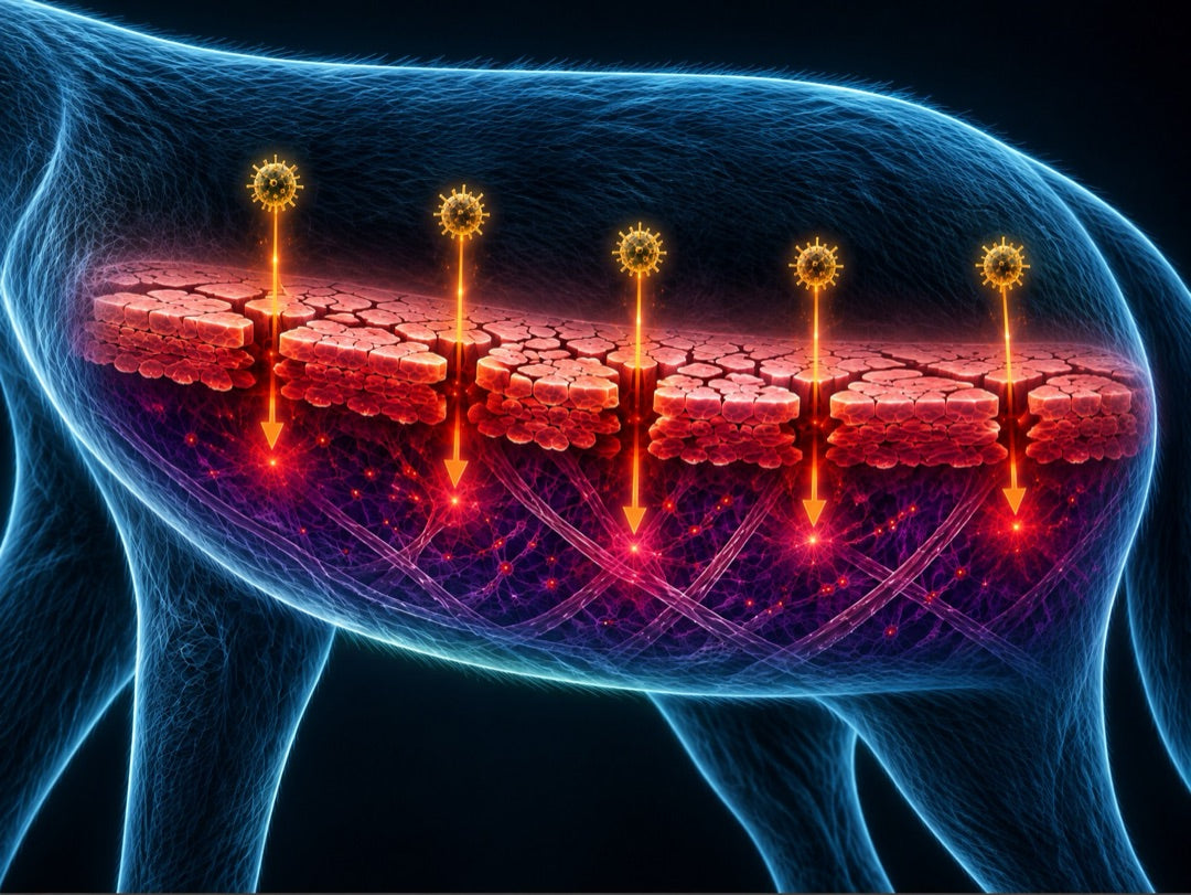 3D cross-section of a dog's skin with a cracked, thinned barrier: allergen particles pass straight through the gaps into the tissue below