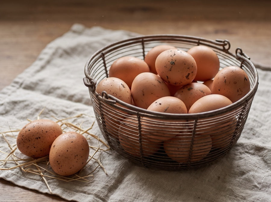 Basket of fresh brown free-range eggs