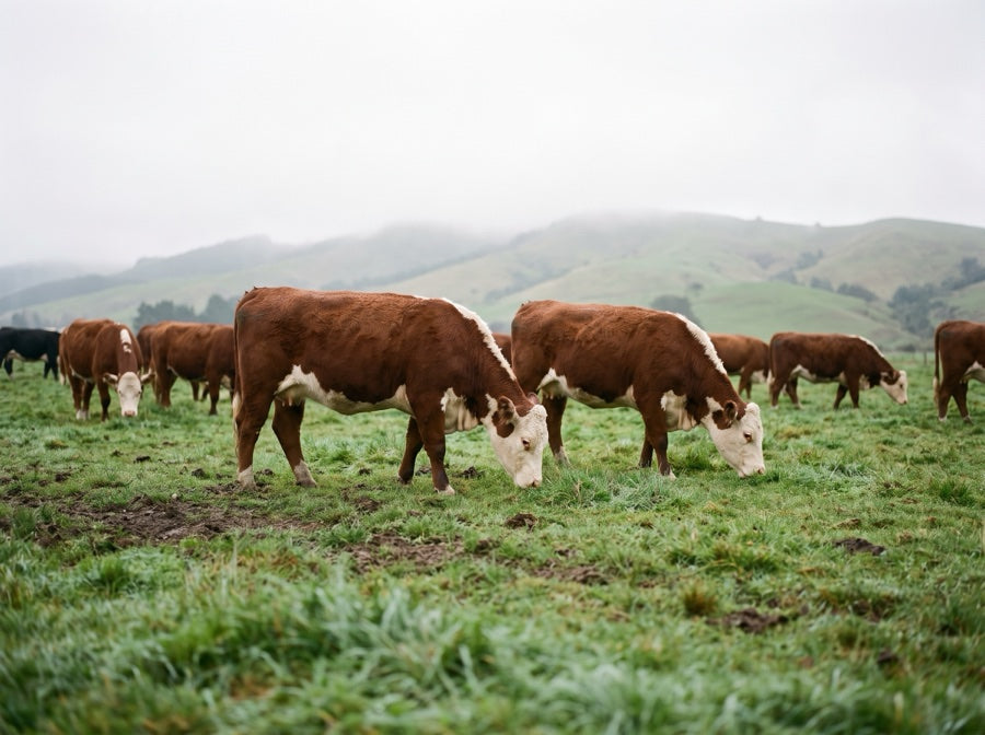 Grass-fed cattle grazing in a green pasture