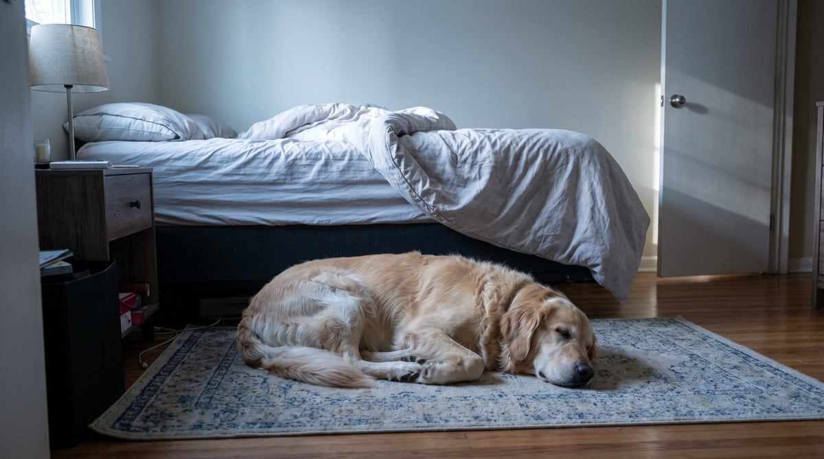 A golden retriever asleep on a rug at the foot of a bed in early morning light, the bedroom door standing open behind her.