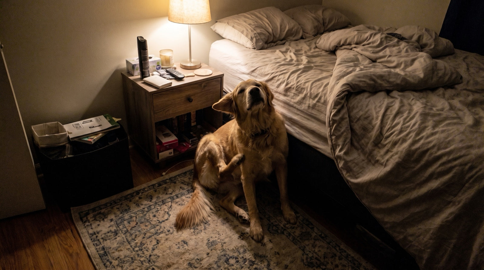 A tired woman in her fifties sitting on the edge of an unmade bed at night with the bedside lamp on, looking down at her golden retriever scratching on the bedroom floor.