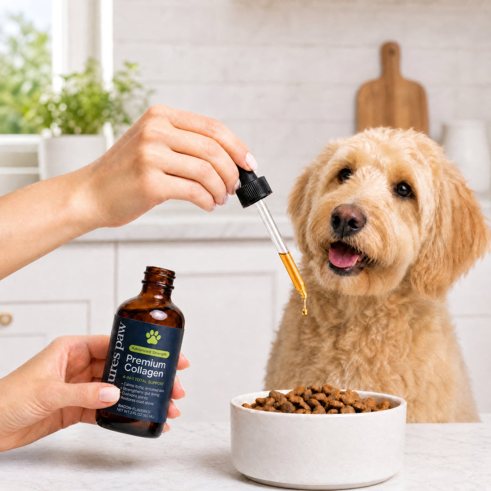 The blue Nature's Paw Premium Liquid Collagen bottle standing on a kitchen counter beside a dog bowl, with the glass dropper laid next to it and the supplement panel angled to read.