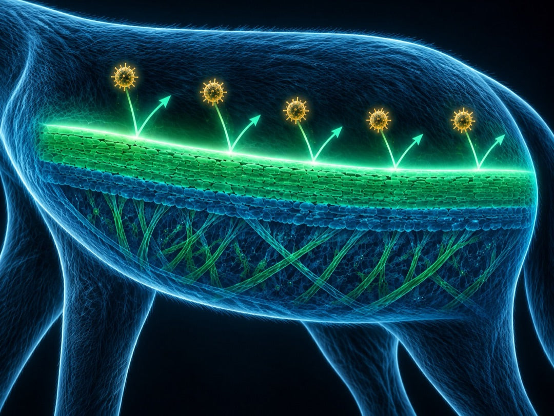 The same skin with the barrier sealed: a continuous layer of healthy cells, allergen particles bounce off the surface