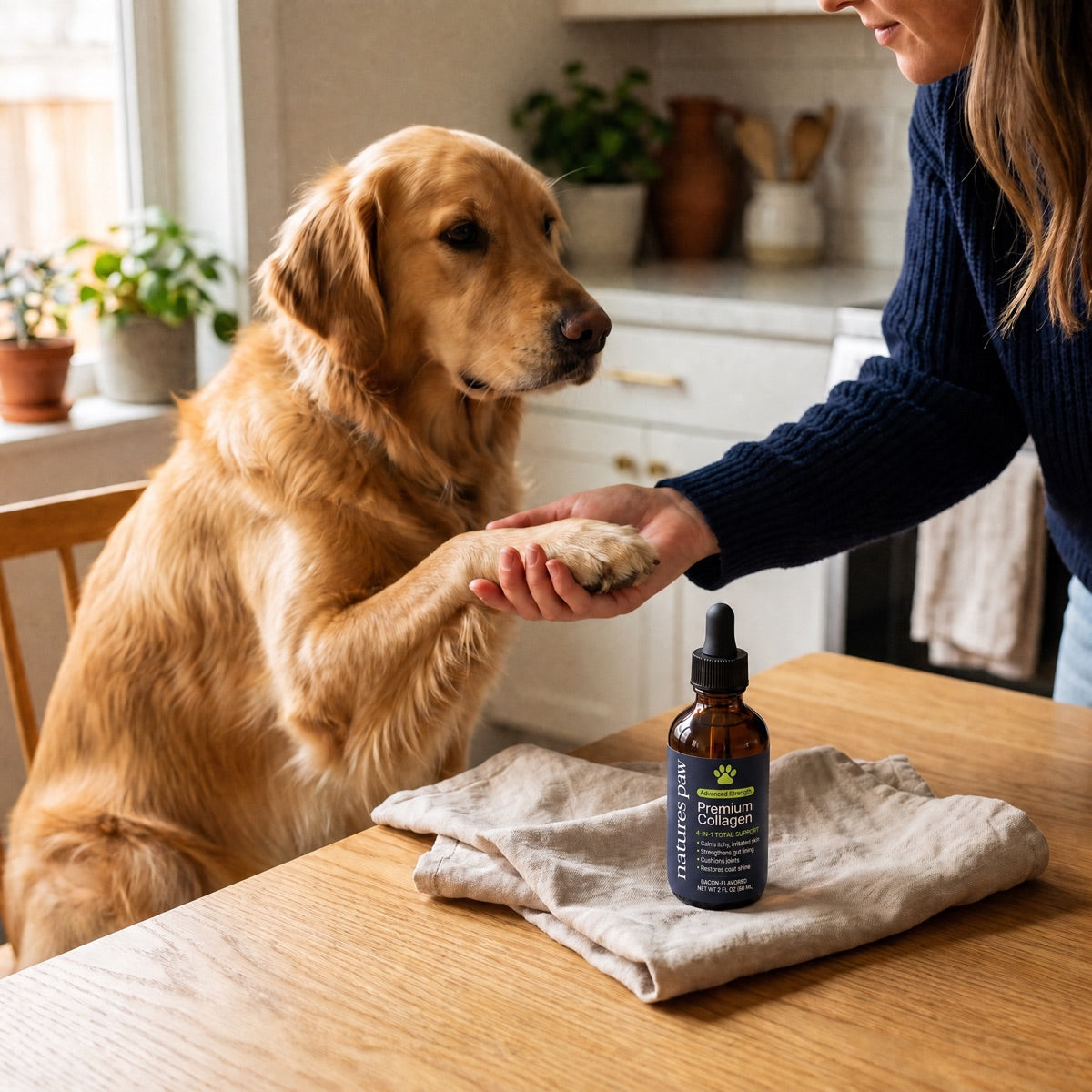 An owner crouched on her kitchen floor shaking paws with a calm terrier