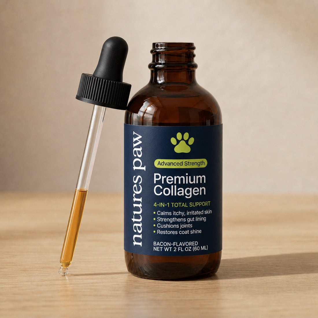 Nature's Paw Premium Collagen 60 mL glass dropper bottle, navy label