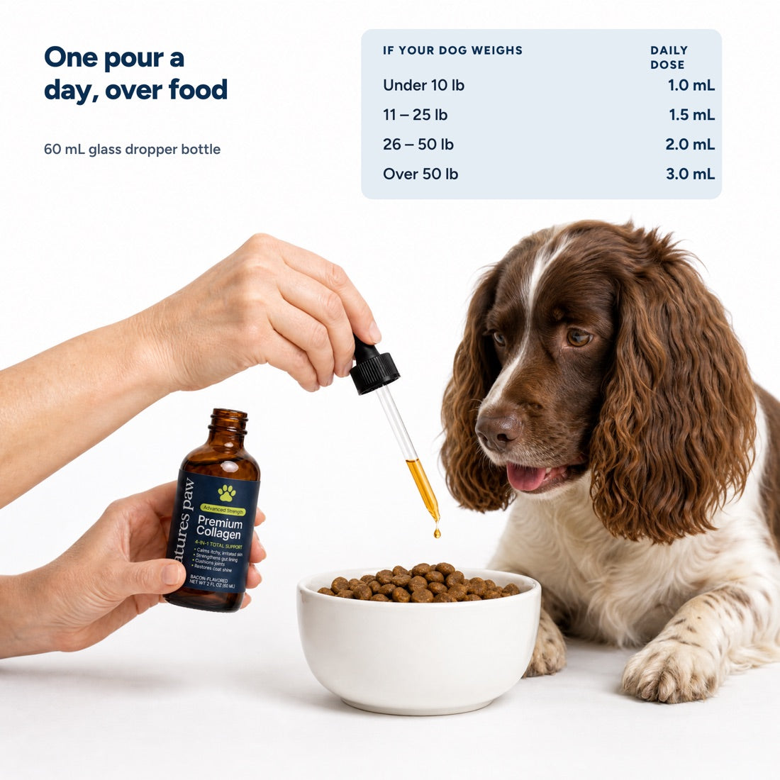 Dosing chart showing daily mL by dog weight, under 10 lb through over 50 lb