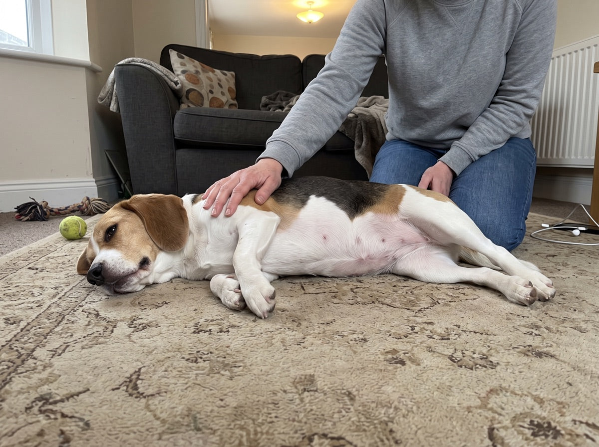 Owner kneeling on a living-room rug with a hand resting on a beagle's calm belly
