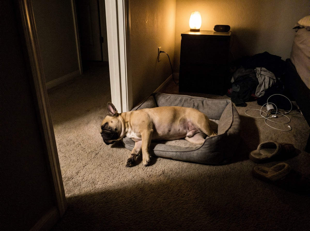 Fawn French Bulldog asleep on its back in a dog bed, warm lamp light