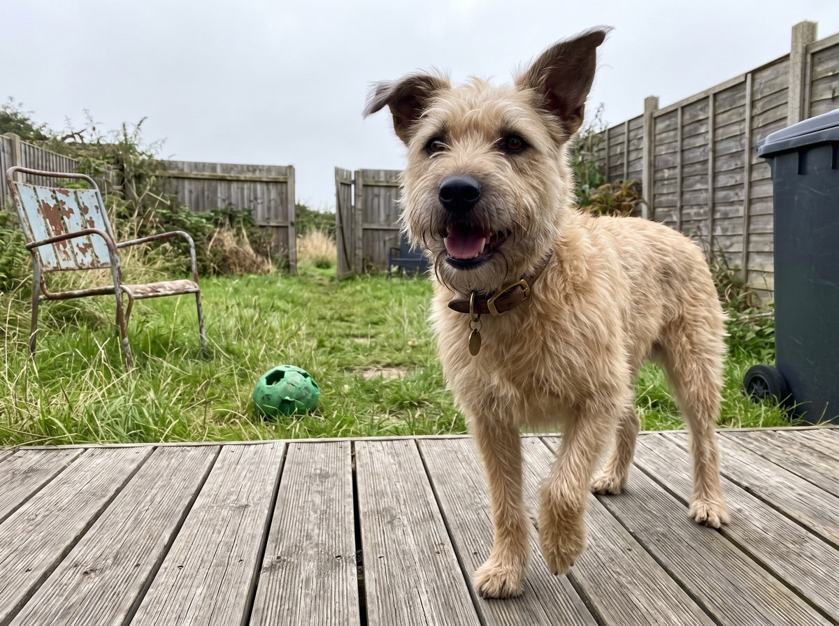 Scruffy tan terrier standing on garden decking, ears up, football behind
