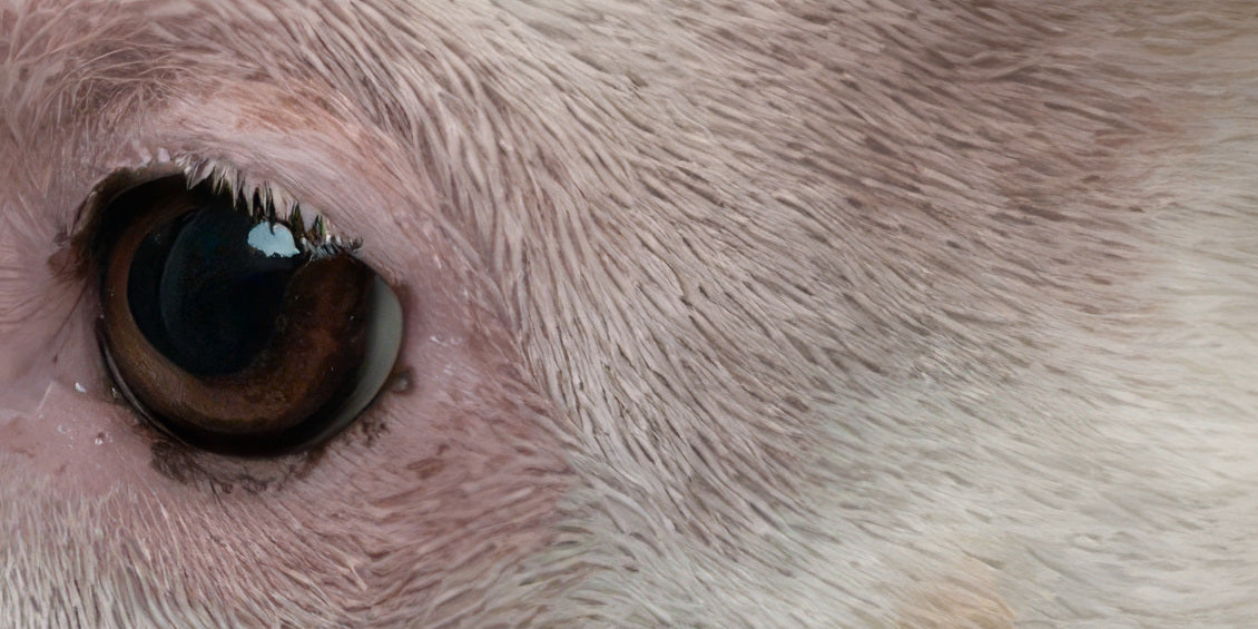 Close-up around a dog's eye, the skin pink and irritated