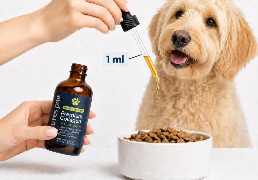Measuring a dose with the dropper over a bowl of kibble