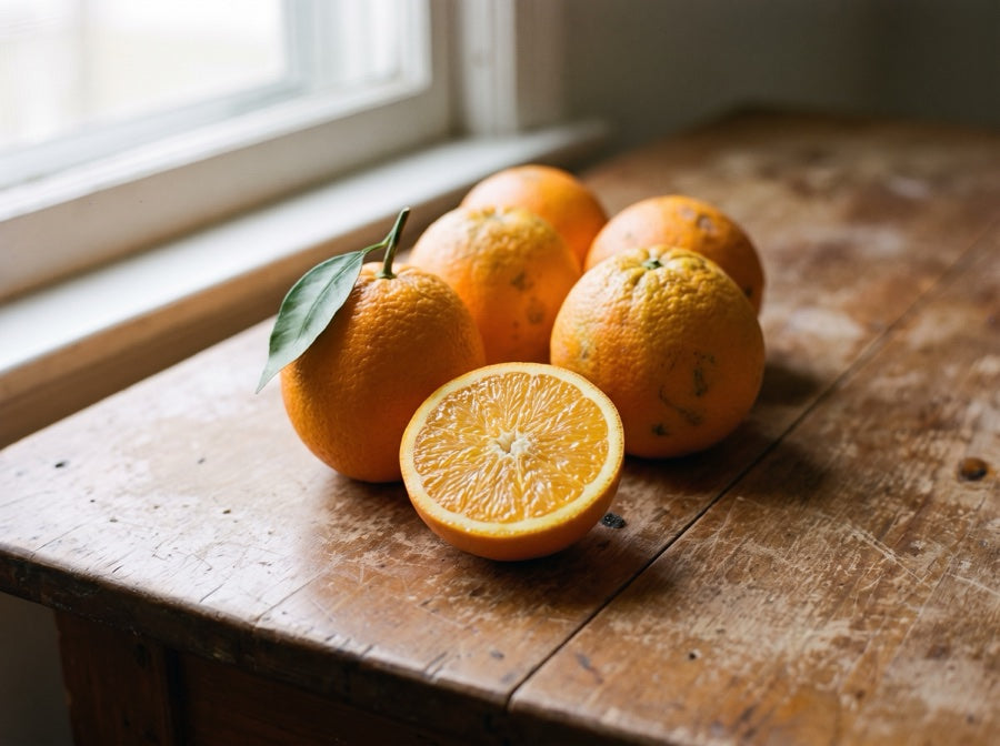 Fresh oranges on a wooden table, one cut open